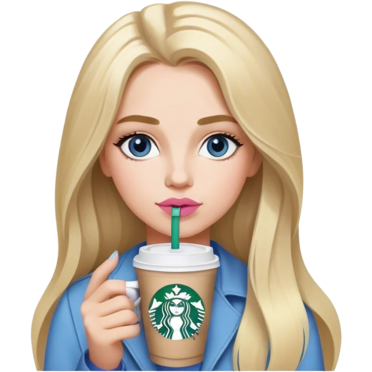 Long blonde grey highlighted with blue gray eyes sipping one Starbucks coffee. She has bushy eyebrows and pink lips  emoji
