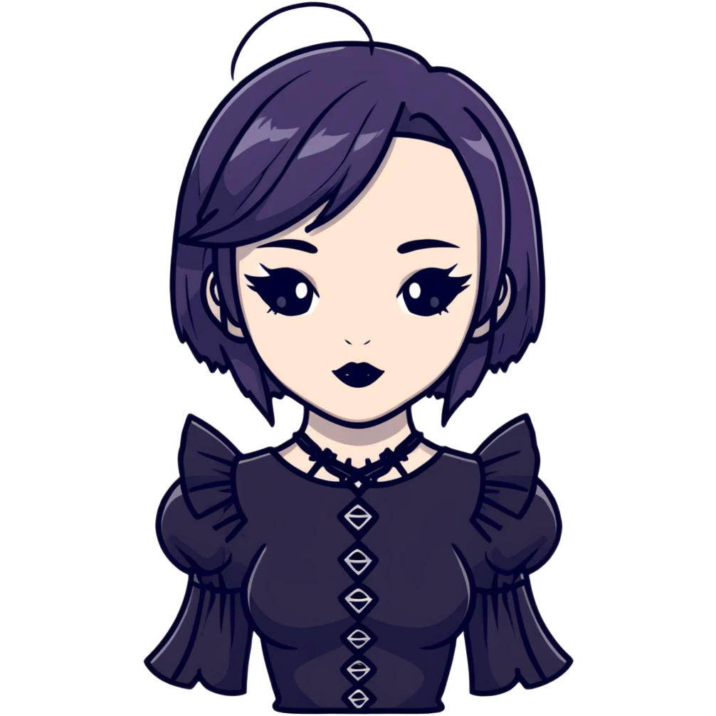 gothic girl with wide shoulders, small chest, dark makeup, black clothing emoji
