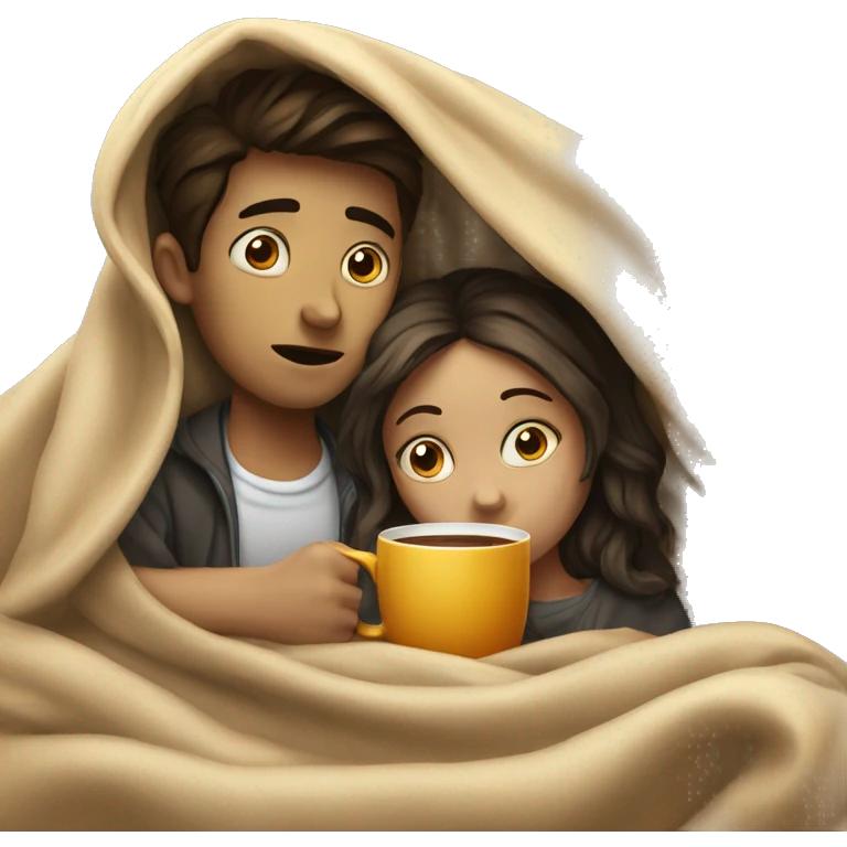tired Boy and girl  inside a blanket sipping coffee eyes opened emoji