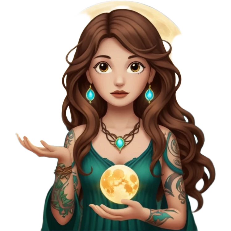 forest mystic woman long wavy brown hair tattoos holding glowing moon orb emoji