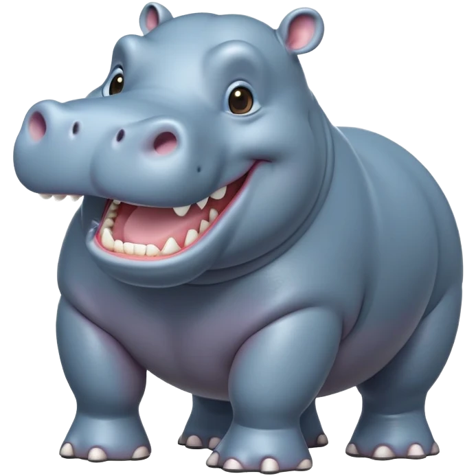 cinematic-hippo-realistic-full-body-side-view-standing-on-all-fours-emoji,-massive-round-frame,-wide-mouthed-grin-exposing-huge-teeth,-head-tilted-dramatically,-thick-greyish blue-hide-glossy, big cute eyes emoji