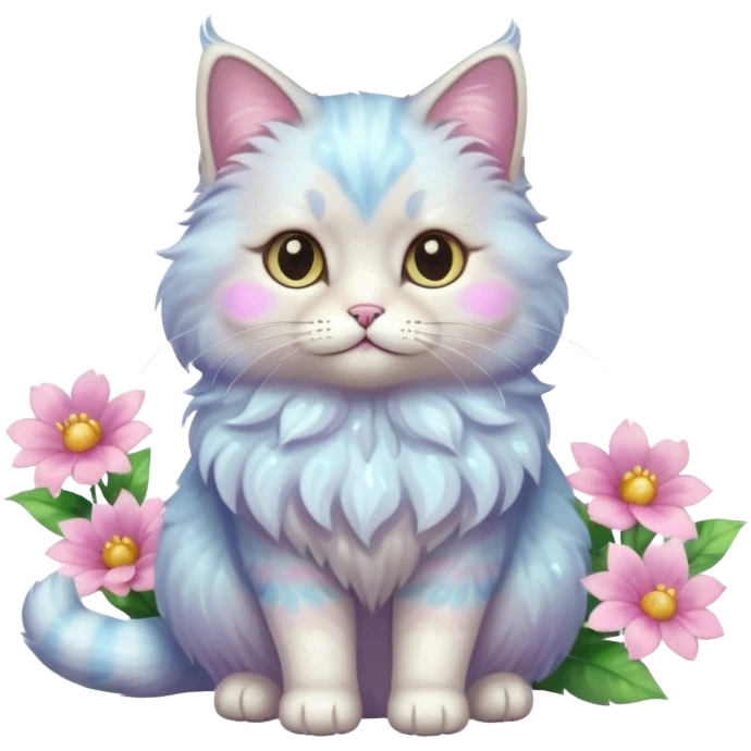 Pastel colorful shiny ethereal elegant pretty beautiful realistic furry fluffy cute glossy glittery cat with flowers and pastel colors aesthetic (full body) emoji