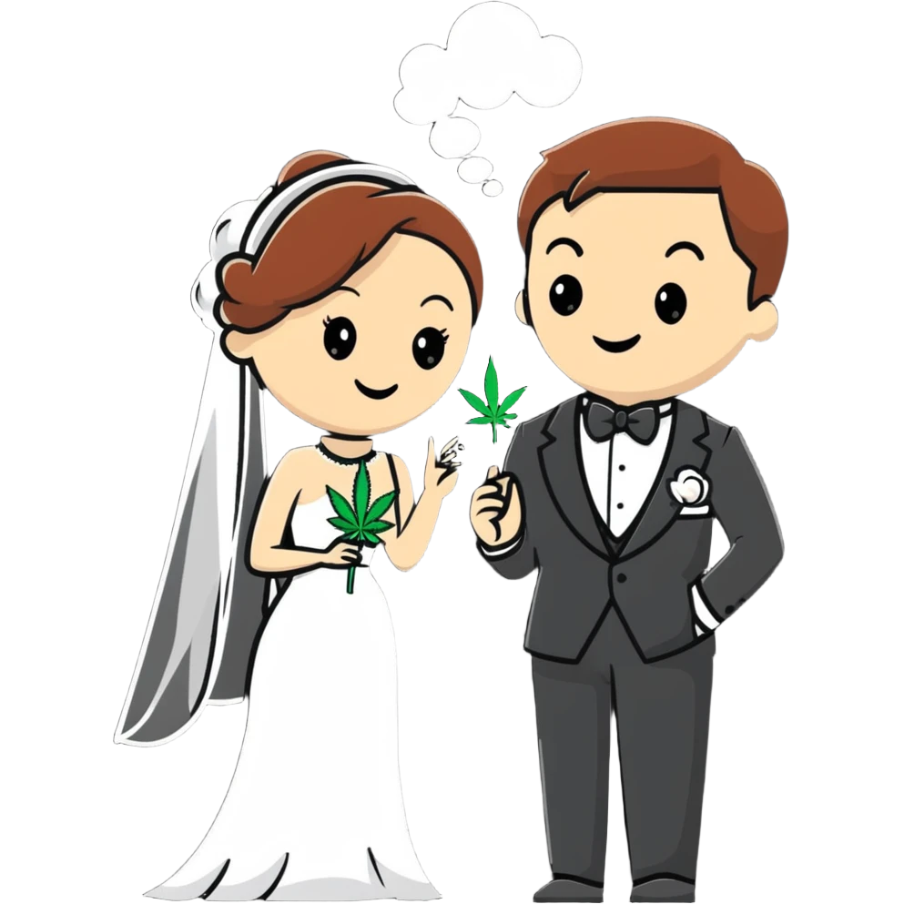 Bride in white dress and groom in tuxedo sharing a cannabis joint, cheerful cartoon wedding couple emoji