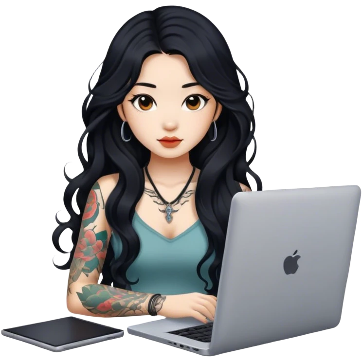 beautiful girl, with tattoos, with long black hair, wavy hair, chinese, with laptop emoji