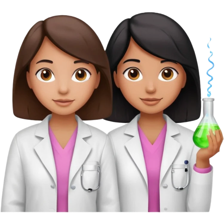 cientificas con blusa rosa y bata blanca felices, una chica con pelo marrón y otra chica un poco mas pequeña como una niña con pelo negro, deben tener la piel un poco bronceadas emoji