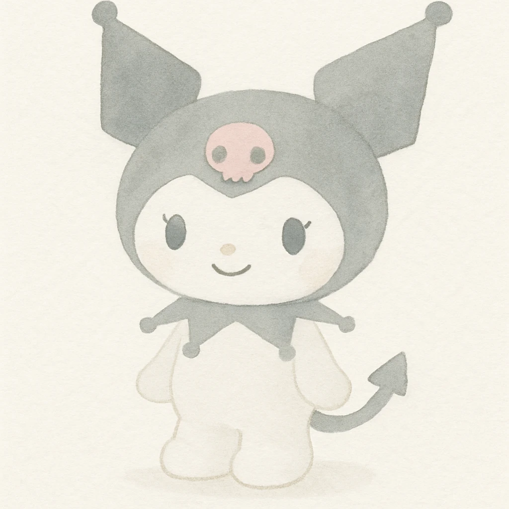 Kuromi character, watercolor art style, soft pastel colors, gentle smile, full body emoji