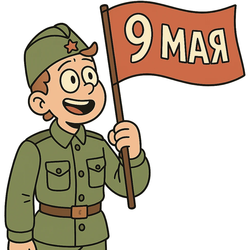 military boy in Soviet green uniform holding a red flag with "9 мая" emoji