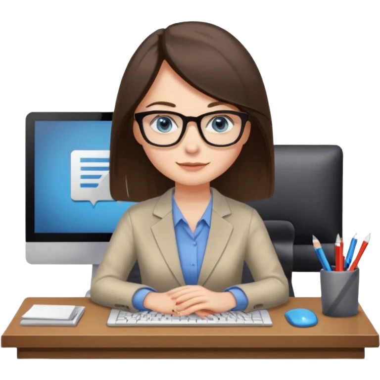 donna occhi azzurri con occhiali, capelli media lunghezza lisci, davanti al pc alla sua scrivania. è una grafica editoriale e redattrice emoji
