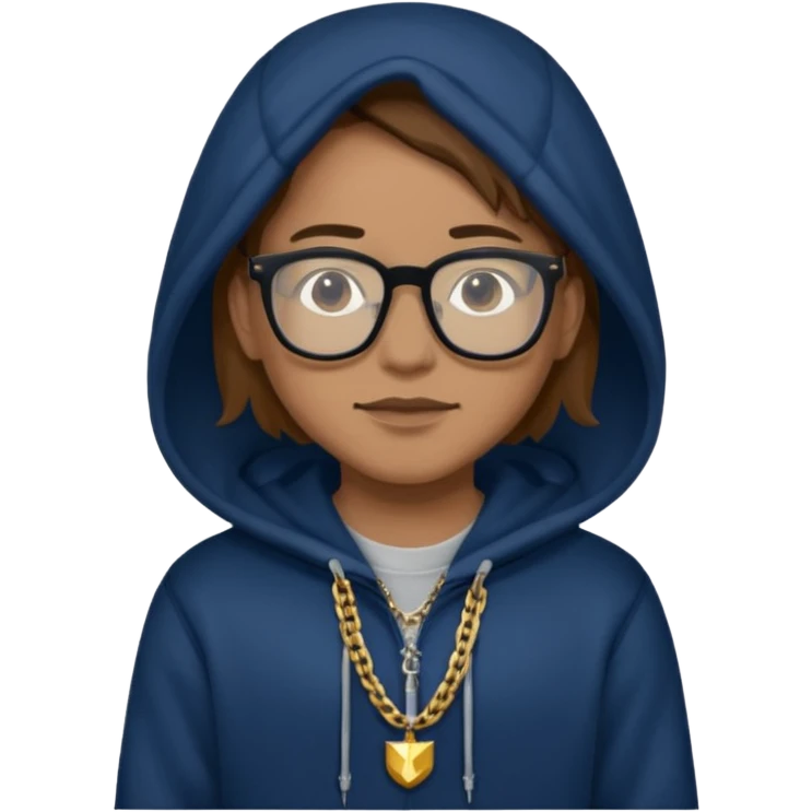 Brown hair with black glasses and a dark blue hoodie that says caylus kingdom with black pants and a gold chain emoji