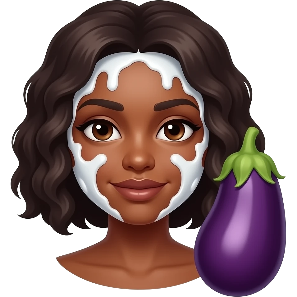 Black woman with white slime all over face and eggplant next to face emoji