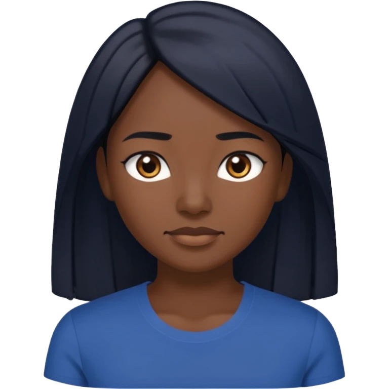 Una donna con una maglietta a mezze maniche blu scuro,capelli lisci  e lunghi e mori occhi marroni emoji