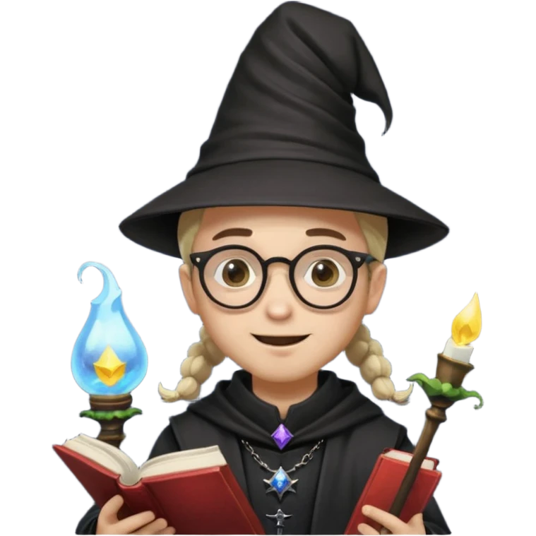 ["A happy boy with light skin, ponytail, wearing a wizard hat and square glasses, dressed in goth fashion, is reading a book while holding a phone."] emoji
