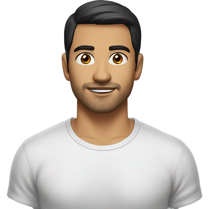 A head and shoulders shot of a 32 year old Hispanic man, with short black hair, with stubble facial hair,   with brown eyes wearing a t-shirt. emoji