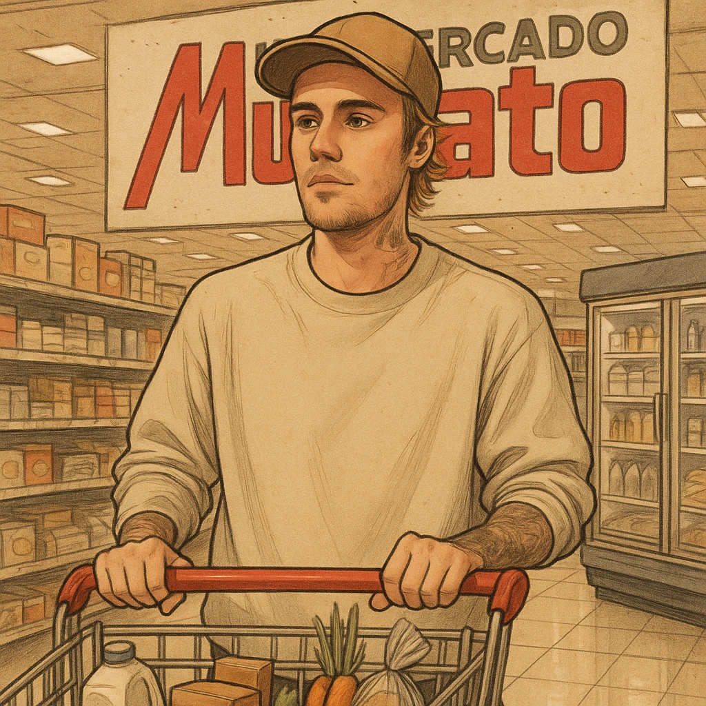 Justin Bieber shopping at Supermarket Muffato, realistic cartoon style emoji