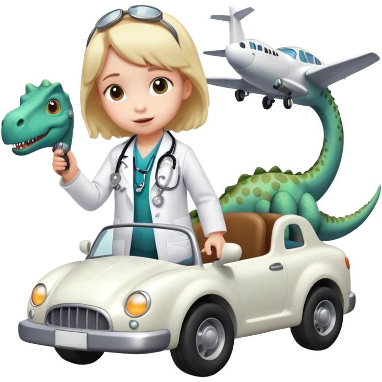 a dinosaur used as an air plane coming out of a black car with a little girl with a white medical doctors coat and a stetoscope around her neck emoji