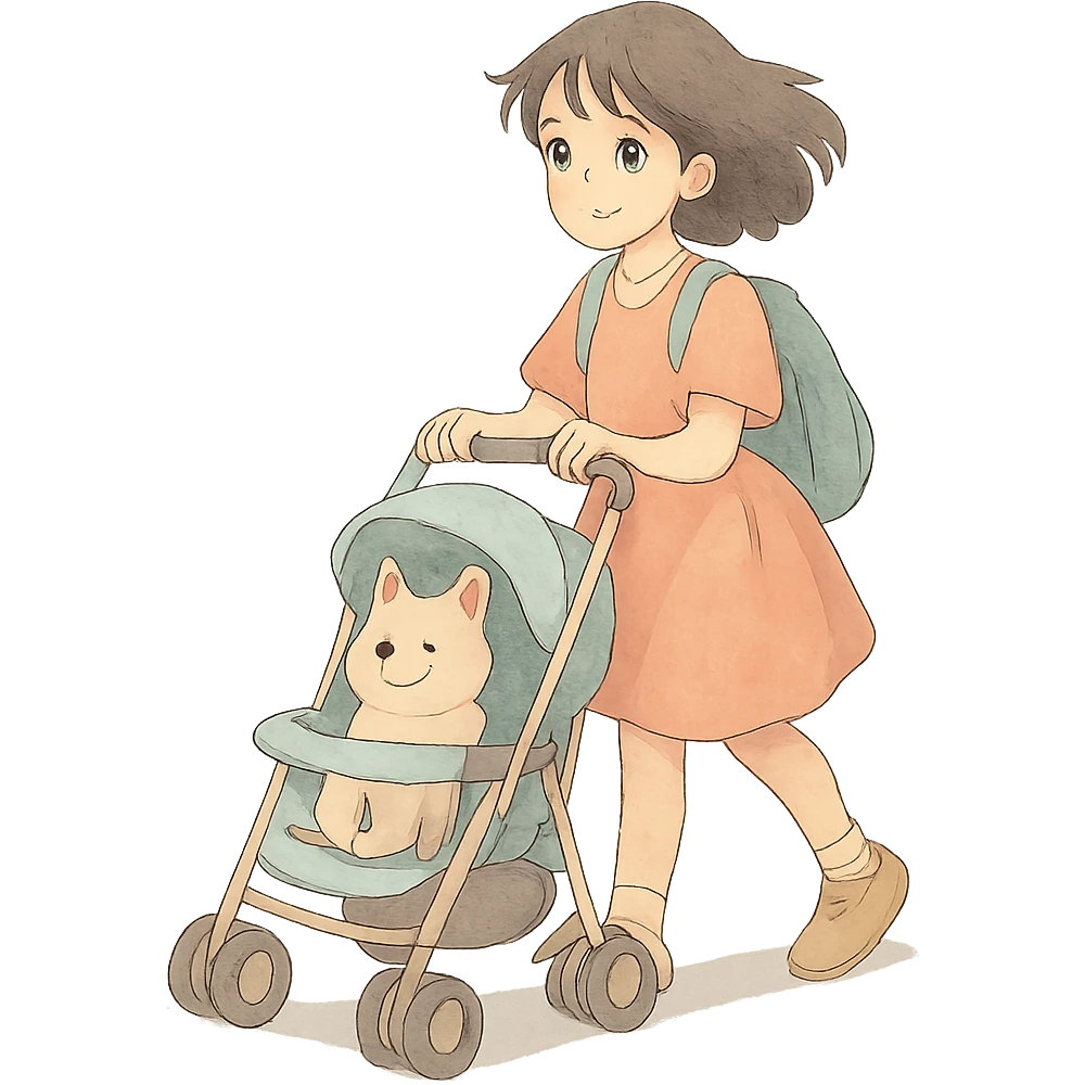 girl walking a dog in a stroller with soft colors emoji