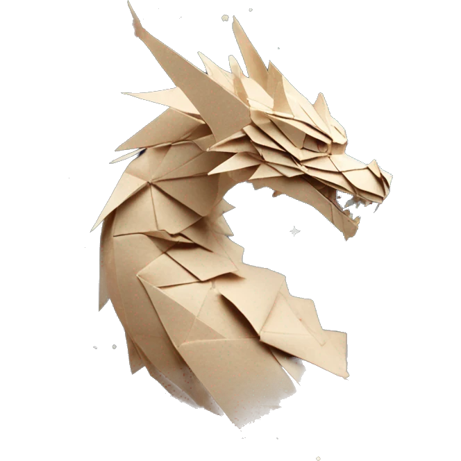 Sparkling patterned Beige Origami dragon with a dried flower crown made of newspapers intricate patterns surrounded by fairy lights nebula galaxy stars swirls iridescent holographic  emoji