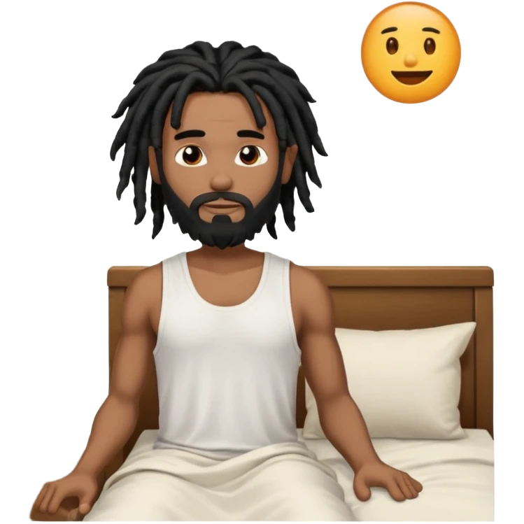 African American man with shoulder length black dreadlocks with black beard wearing a men's white tank top shirt waking up in the bed emoji