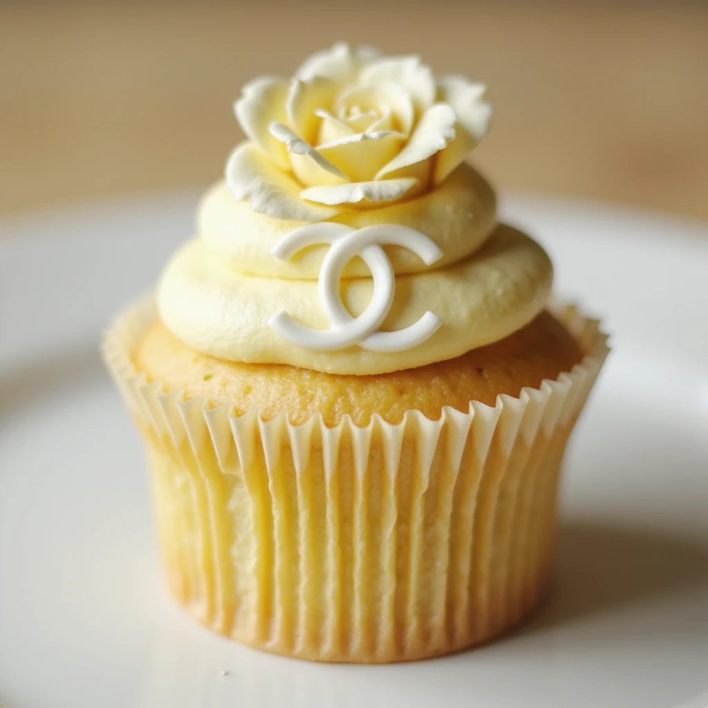 photorealistic pastel yellow Chanel cupcake with a camellia flower and logo, no background emoji