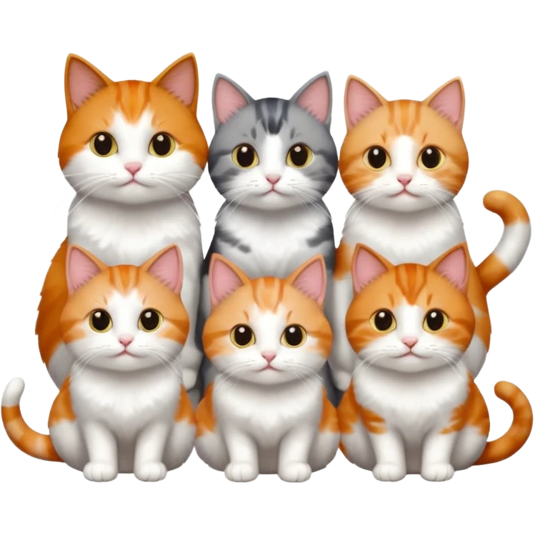 6 cats with different coloured coats, 2 are grey and white, 1 is grey with a little white, 1 calico, 1 brown tabby and white and one ginger and white emoji