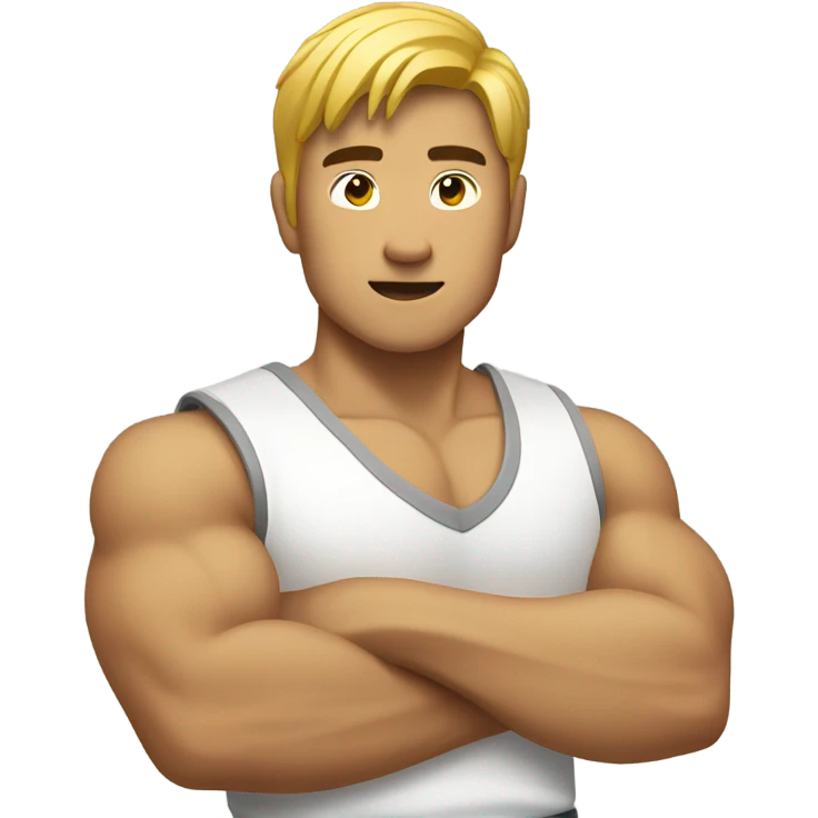 asian personal trainer short golden hair white vest man flexing bicep emoji
