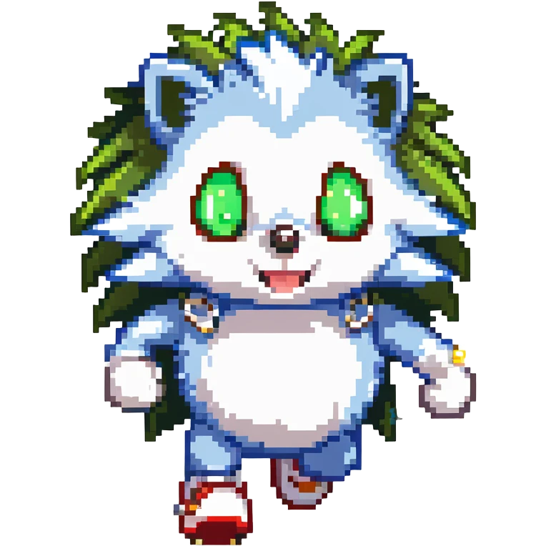 scene of a blue anthropomorphic hedgehog with spiky quills, large green eyes, white gloves, red shoes with white strap and gold buckle, running at high speed in a lush Green Hill Zone with looping hills, checkerboard terrain, golden rings, and motion blur lines, dynamic energetic pose emoji