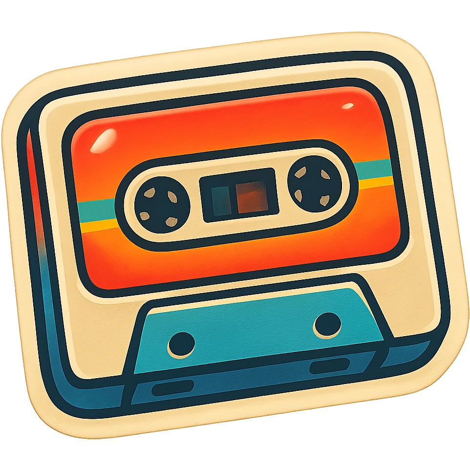cassette tape, retro sticker style, bold outlines, vibrant colors, playful and nostalgic emoji