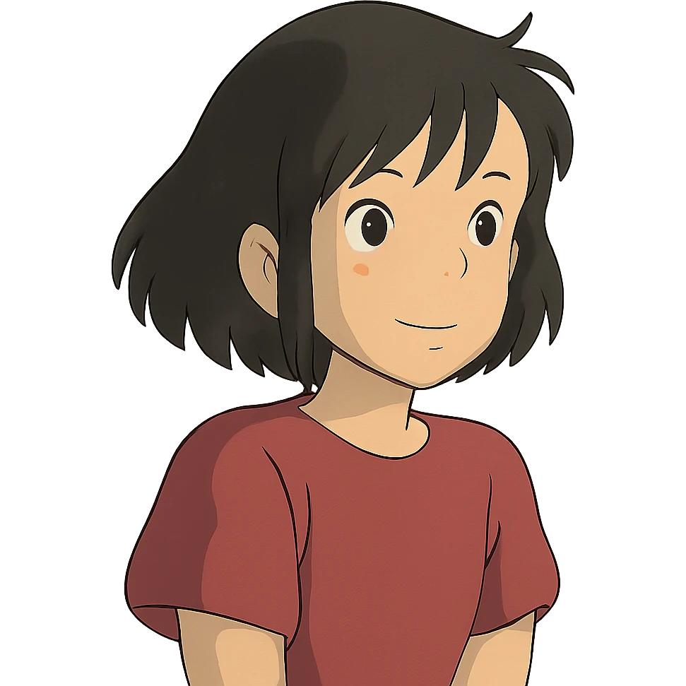 a girl with black hair, ghibli-inspired style emoji