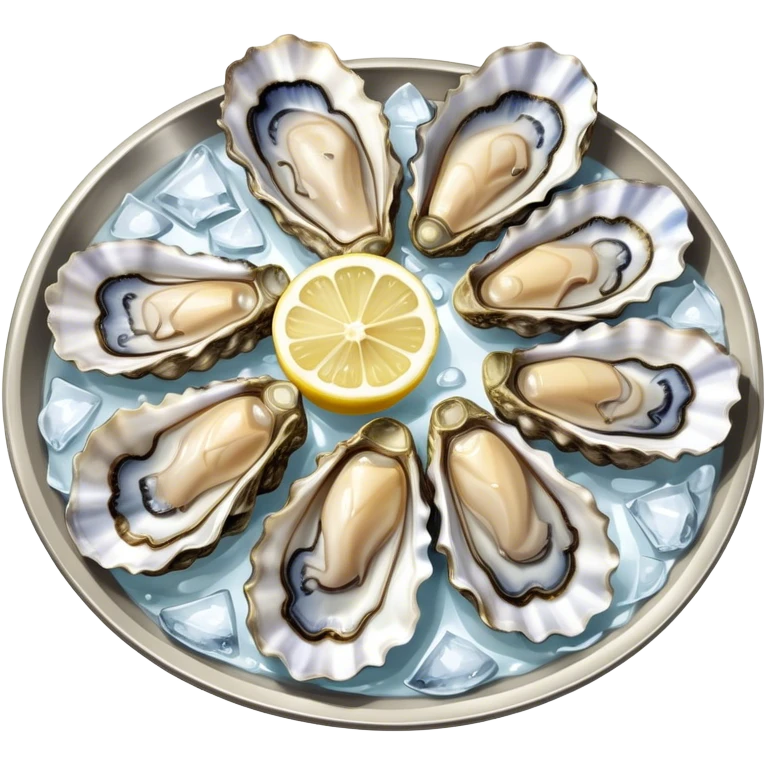 Cinematic fresh oysters on the half-shell, glistening with seawater, served with lemon wedges and ice, soft glowing highlights, elegant and luxurious. emoji