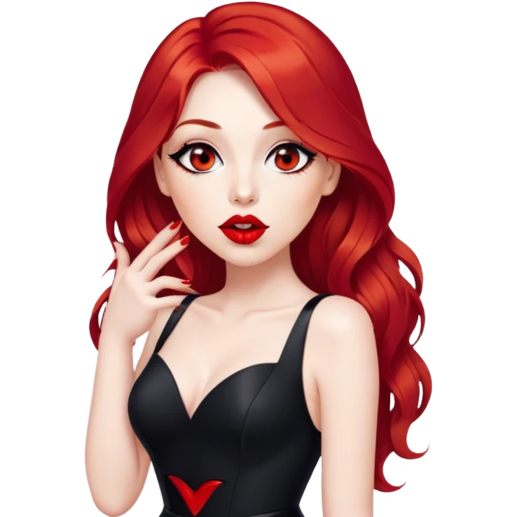 a pretty woman with long red hair and red eyes. The woman wear a black little cutted dress. She have red lipstick and she have a seductive look. She do a kiss emoji