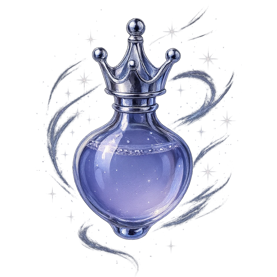 final luxury elixir bottle inspired by the reference crown: crown shape on top, color #7986cb, bottom is smoothly rounded and closed, merging with the crown, the whole bottle looks like it's floating and swirling in the air, prominent silver and iridescent details, extra magical sparkles, very small neck, seamless rounded bottom, floating, transparent background, no base or shadow, modern, luxury collection style, even smaller bottle proportions emoji