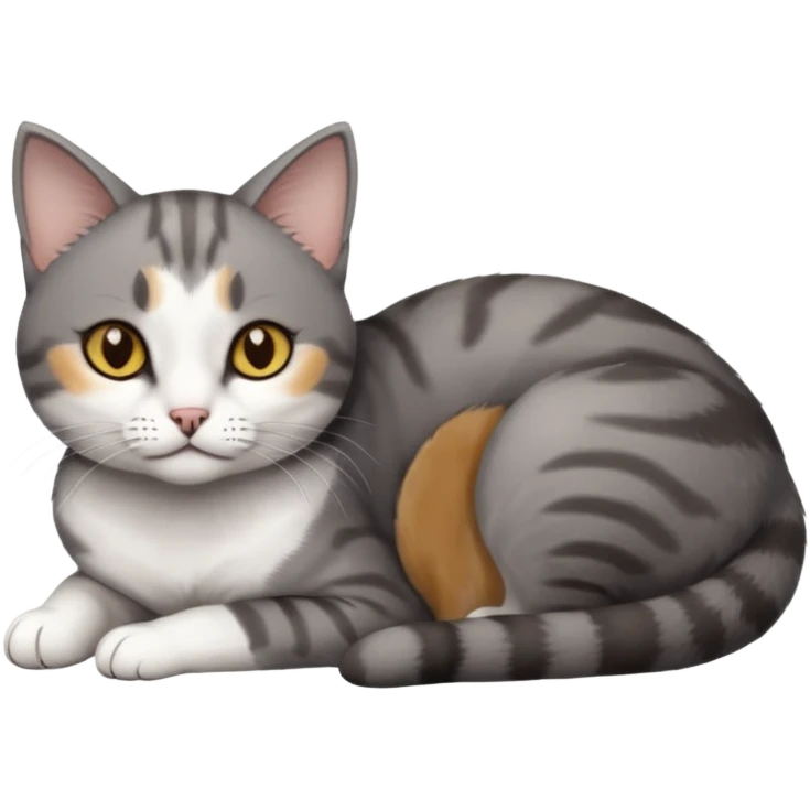full body tiny short hair dark grey and white cat with hazel eyes lying down emoji