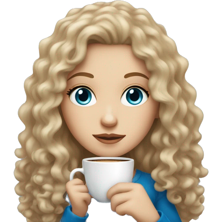 A white girl with darkblonde long curly hair, blue eyes and freckles holding a cup of coffee emoji