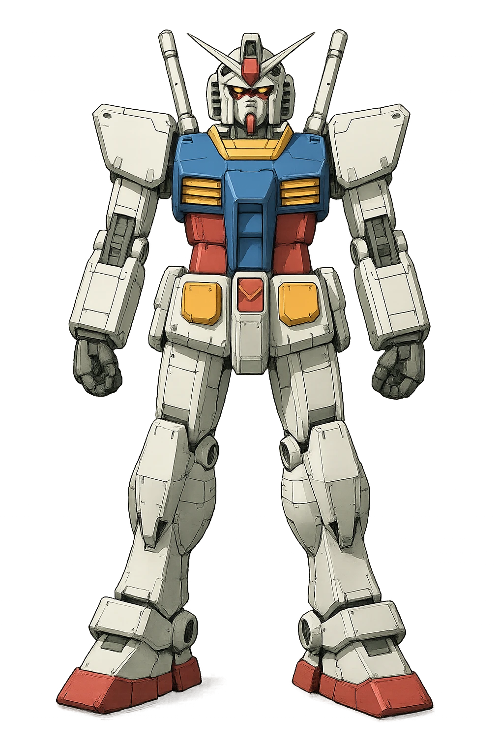 Gundam robot, static position, symmetrical, no dramatic pose, highly detailed, white, blue, red, and yellow, no background emoji