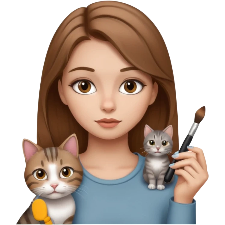 A image of a girl with light brown hair doing her makeup with her grey tabby cat emoji