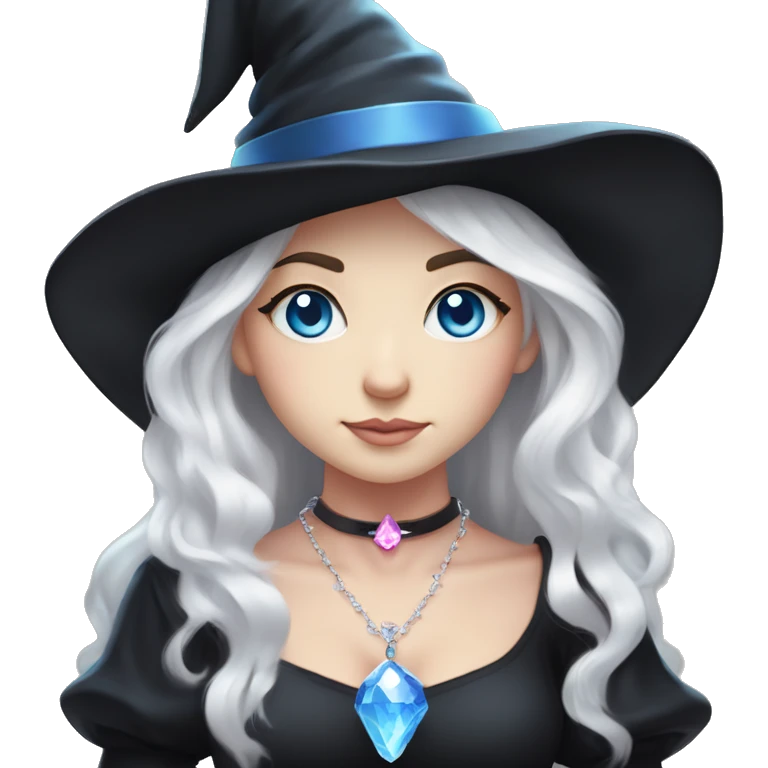 pale young witch wearing a low cut black dress, a pink crystal necklace, and a witch hat, with white hair and bright blue eyes, making prayer hand emoji