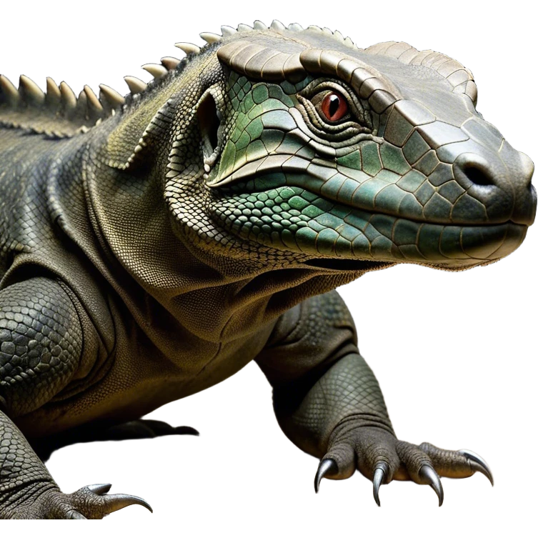 Cinematic Realistic Noble Komodo Dragon Portrait Emoji, Poised and imposing, with a massive, rugged build and a weathered, intricately scaled hide in earthy olive and dark tones, a distinct, powerful head with sharply defined features and piercing eyes, rendered in lifelike detail with natural texture and shadow, high shine, intelligent and formidable, styled with an air of ancient reptilian authority, focused and attentive, soft glowing outline, capturing the essence of a watchful and commanding Komodo dragon that appears ready to emerge from the screen with raw power! emoji