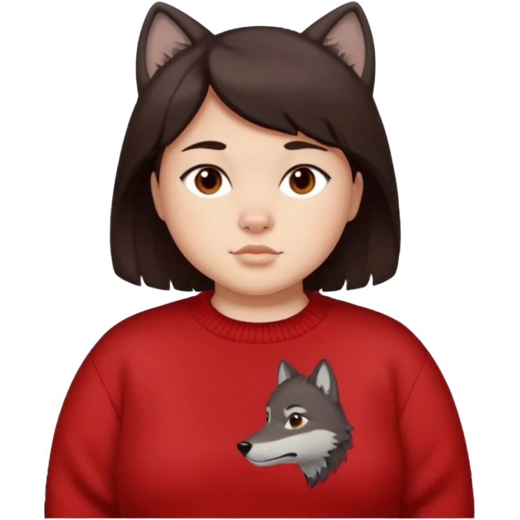 make a girl that has a boyish wolf cut thats right above the shoulders, give her a red sweater that says “ About you, the 1975 “ and make her face just right chubby but slso not too chubby. ( make it a white background and make the hair dark brown and also the eyes dark brown ) emoji