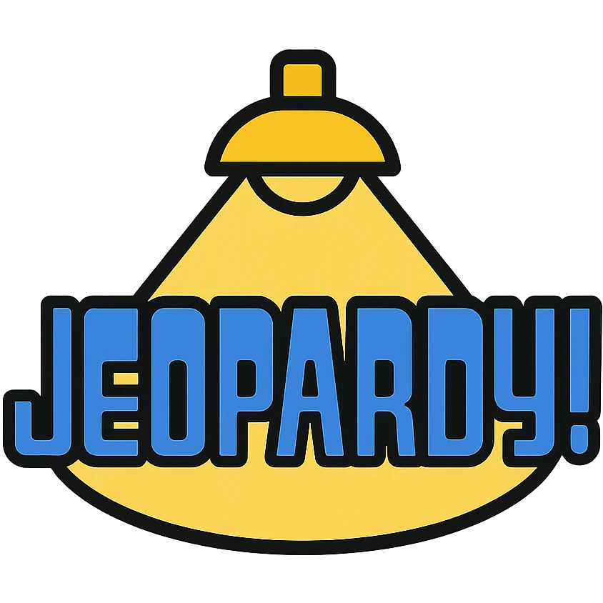 Jeopardy logo, stylized text with spotlight effect, blue and gold colors, modern icon style emoji