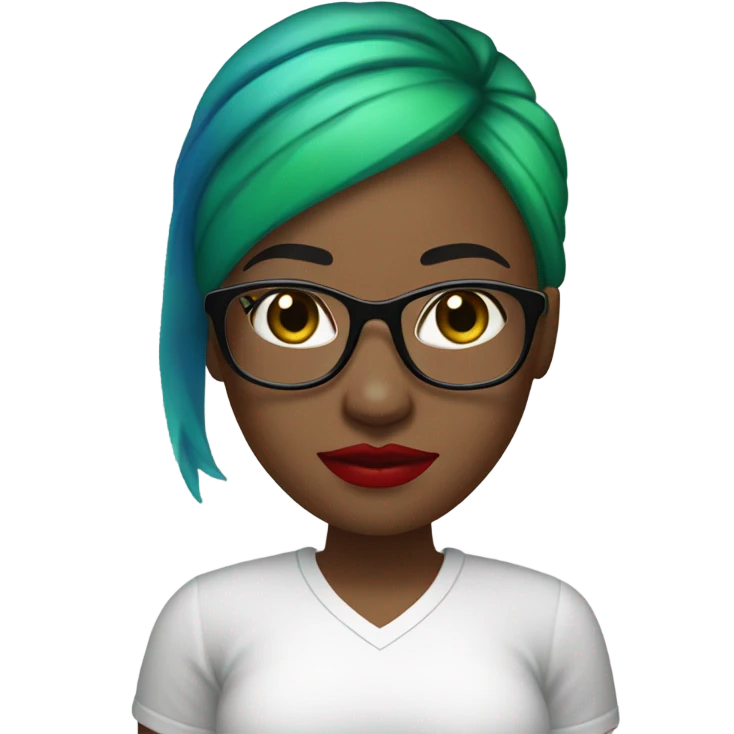 A bald black woman with glasses woman in a white tee shirt with red, black, and green flag in one hand with blue lipstick. emoji