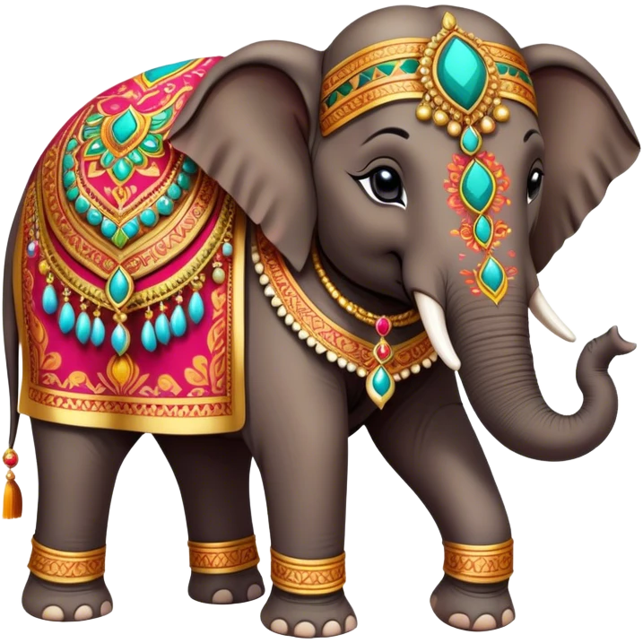 Decorated Indian elephant – Cinematic Realistic Decorated Indian Elephant, depicted as a majestic elephant adorned with vibrant, ornate ceremonial decorations and rich, colorful fabrics, set against a festive Indian backdrop with warm golden lighting that highlights its cultural significance. emoji
