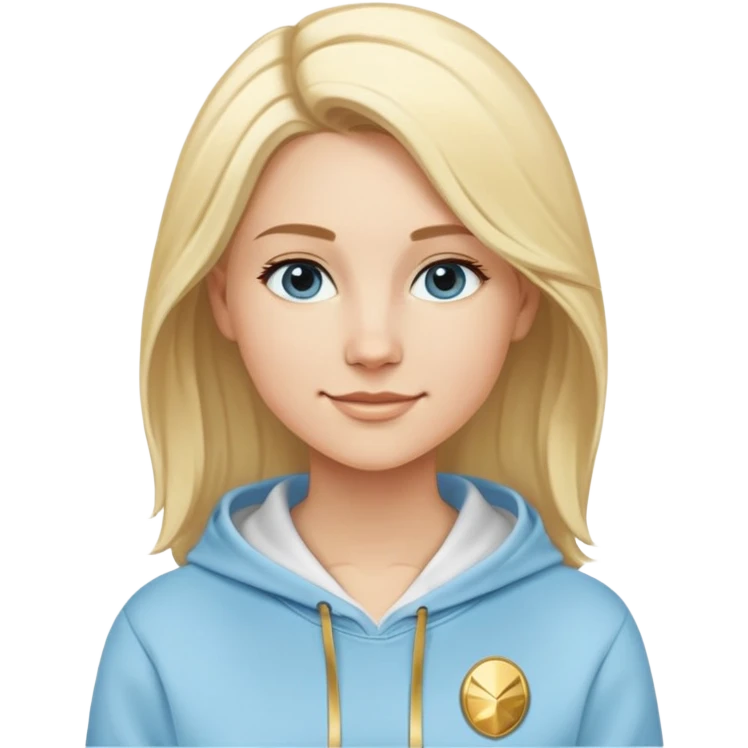 Caucasian female with oval face, light blonde hair with side part, serene smile, light blue sporty hoodie with gold and white fantasy details emoji