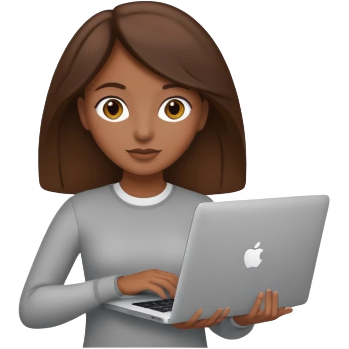 memoji of a brown hair female with a grey laptop in front, apple-style, modern emoji