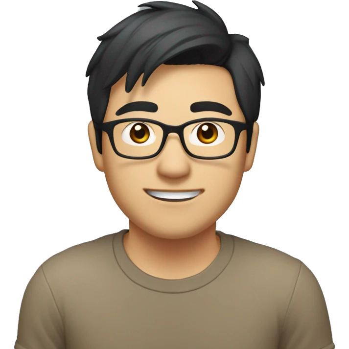A head and shoulders shot of a 33 year old Asian man, with short black hair,  wearing glasses with brown eyes wearing a t-shirt. emoji