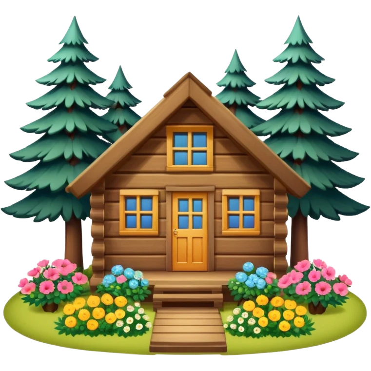 small cabin in the woods, surrounded by pines, with flowers around emoji