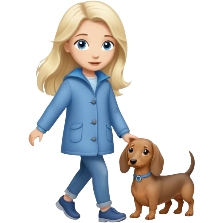 blonde girl with long hair and blue eyes walks with a gray dachshund emoji