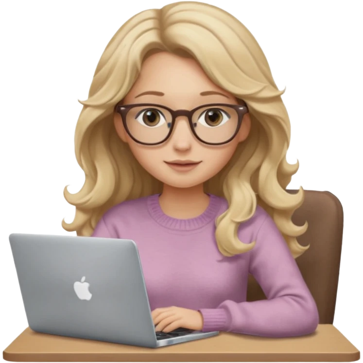 blonde girl with long dark blonde wavy hair, pantos-style glasses, a brown sweater, sitting with a laptop, soft pastel, upper body shot emoji