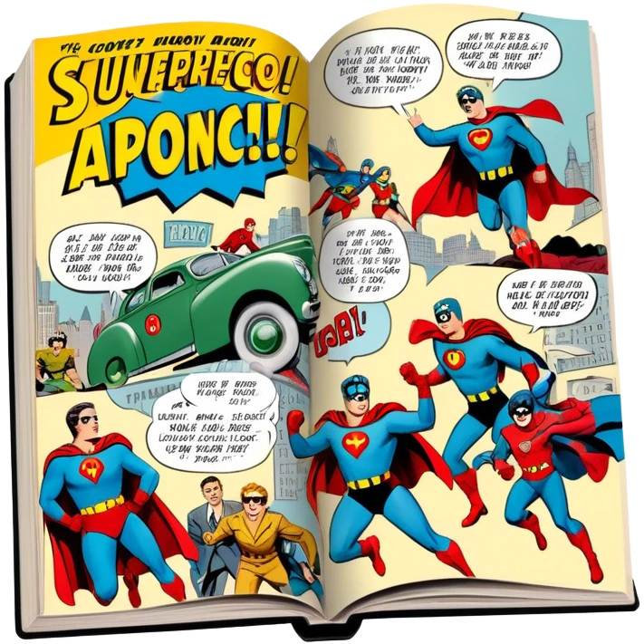 Icon for Vintage American Comics: an open comic magazine with classic 1940s-1950s American comic art, featuring superheroes in bold, bright colors, with action panels and exaggerated speech bubbles. The icon should represent the nostalgic style of vintage comics. Transparent background. emoji
