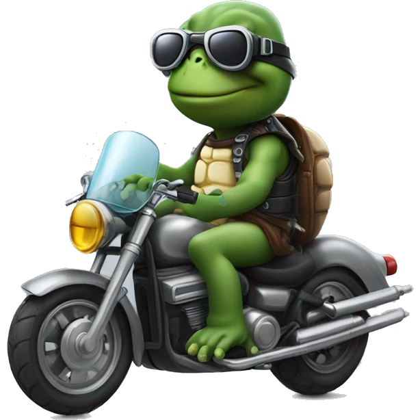 A cartton turttle on a motorbike with a jet helmet and glases, making a V eith the hand emoji
