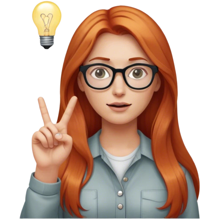 intelligent and clever, 30 year old, girl, long red-blond hair, glasses, has an idea and holds her finger in the air, light bulb over the head, casual cloth  emoji